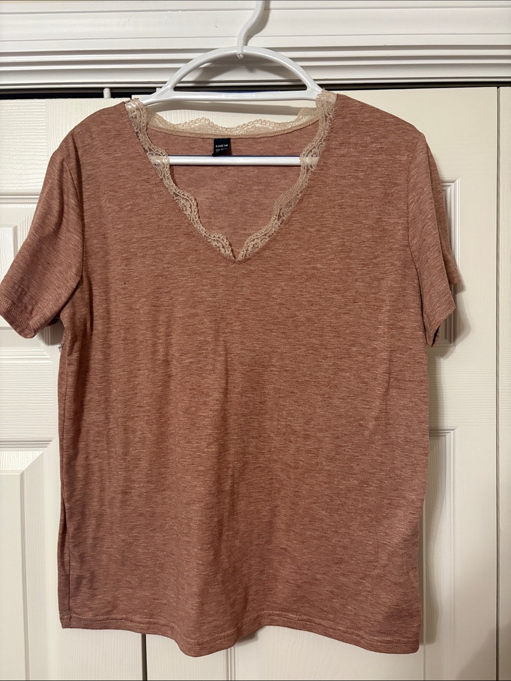 SHEIN Lace-Trim V-Neck Tee - Rust